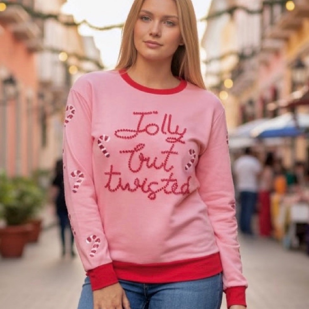 NWT Pink and Red 'Jolly But Twisted' Holiday Long Sleeve Sweatshirt